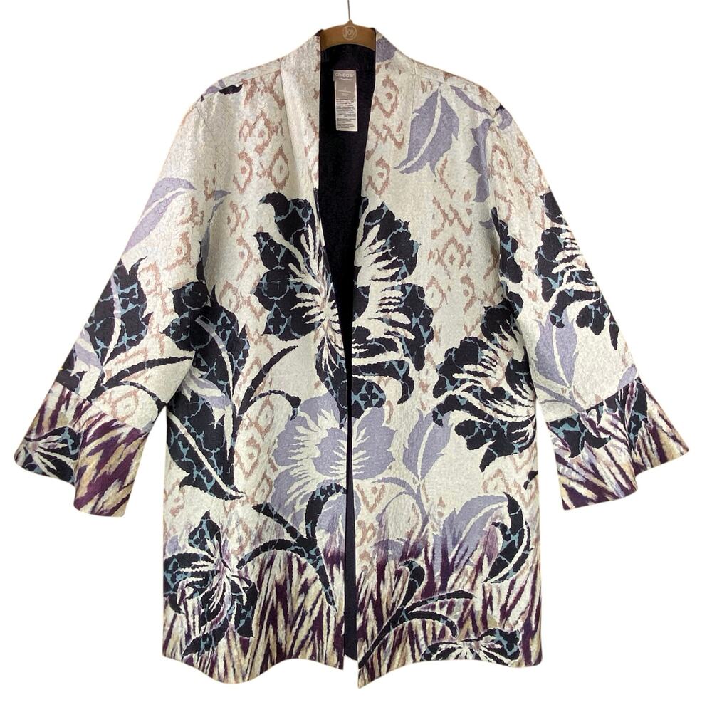 Plisse Textured Floral Jacket Size L 12/14 Art To Wear Cream Blue Chico's